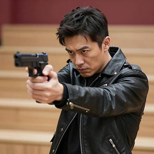 Intense Man Aiming Handgun in Leather