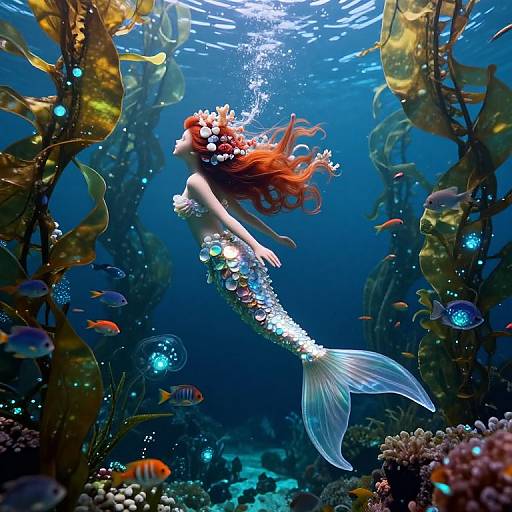 Photograph of a vibrant, red-haired mermaid with white seashell hair ornaments, silver scales, and translucent tail, swimming through a colorful underwater