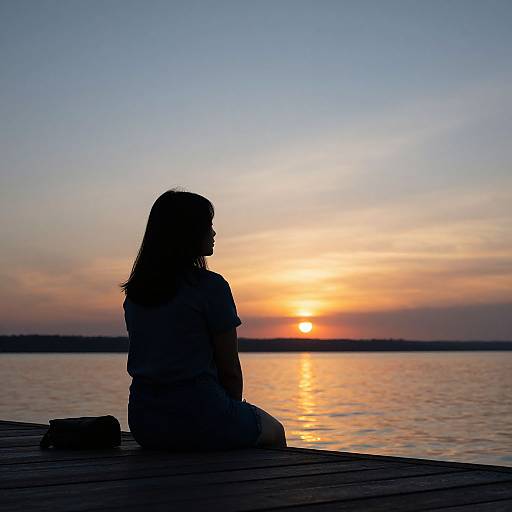Silhouetted woman sitting on wooden dock at sunset, reflecting on calm water, with bag beside her, sky glowing orange and blue.