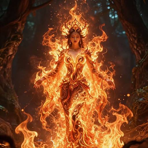 Digital artwork of a serene woman engulfed in vibrant, fiery flames, standing in a dark, mystical forest with towering trees.