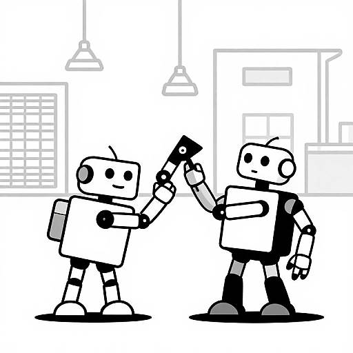 Black-and-white digital drawing of two cartoon-style robots. Left robot holds a gun, right robot stands with arms down, in a minimalistic, abstract
