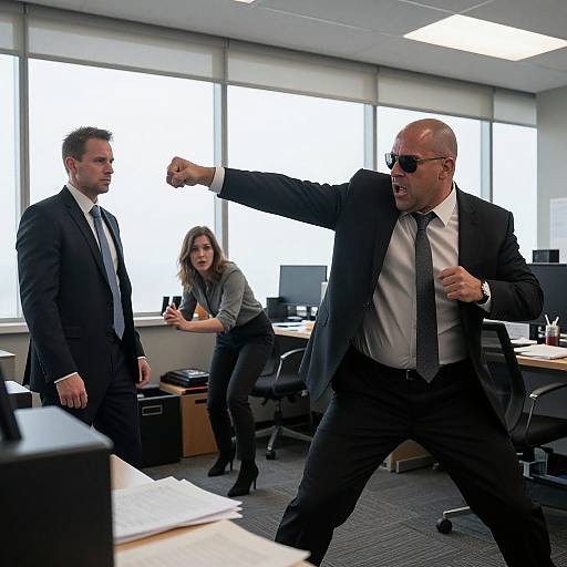 Photograph of a bald, muscular man in a black suit and sunglasses, striking a fighting pose in a modern office, with two colleagues watching in surprise