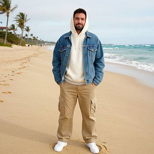 Photograph of a bearded man with dark hair, wearing a white hoodie, blue denim jacket, beige cargo pants, and white sneakers, standing on