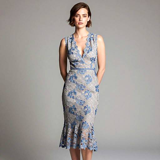 Elegant Woman in Grey and Blue Floral Lace Dress