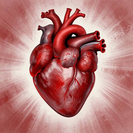 Digital illustration of a detailed, red, blood-filled human heart with visible veins and arteries, set against a radiant white and red textured background.