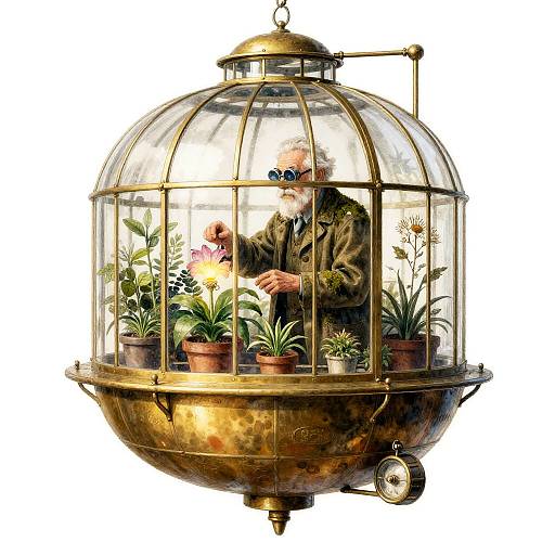 Elderly Botanist in Steampunk Airship Greenhouse