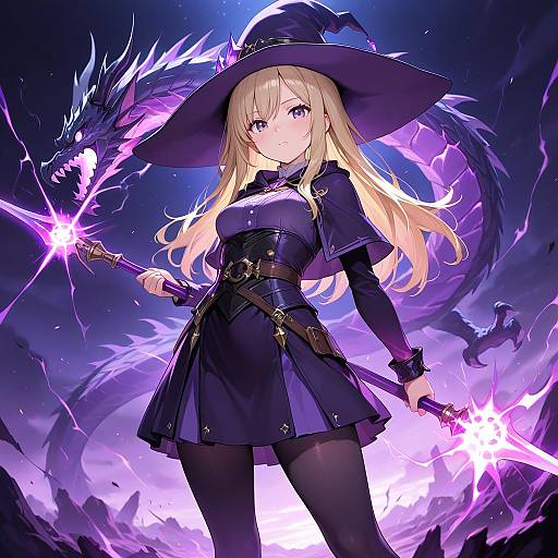 Blonde Witch with Purple Dragon and Staff