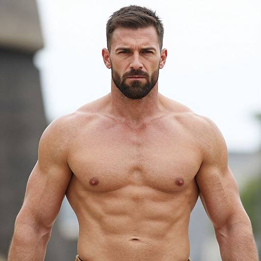 Photograph of a muscular, bearded, shirtless white man with short dark hair, defined abs, and serious expression, standing outdoors.