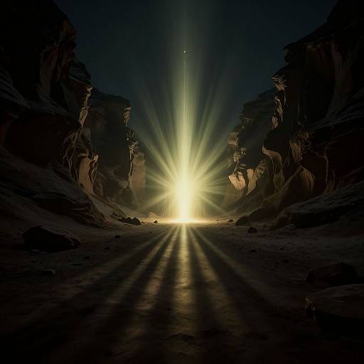 Photograph of a bright, radiant light beam shooting through a narrow, rocky canyon at night, casting long shadows on dark, textured rock formations.