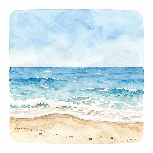 Watercolor painting of a serene beach with blue ocean waves gently crashing onto sandy shore under a clear, light blue sky.