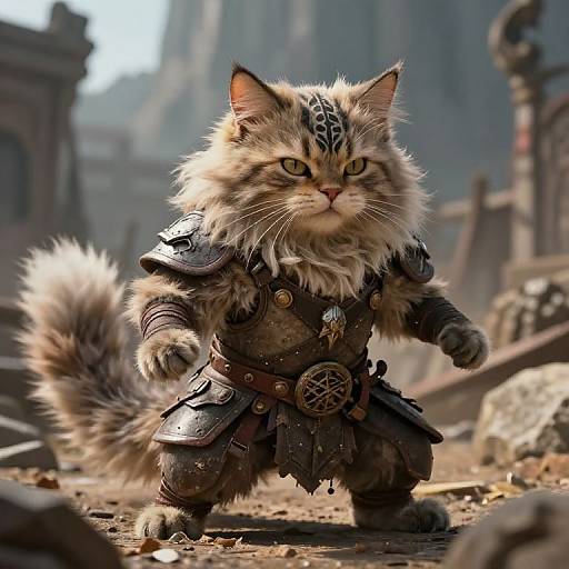 Digital artwork of a fierce, armored, fluffy tabby cat standing in a ruined, medieval fantasy landscape with a focused, determined expression.