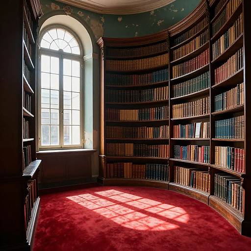 Photograph of a sunlit library with tall arched window, red carpet, and curved wooden bookshelves filled with colorful books.