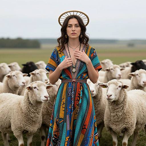 Photograph of a young woman with dark curly hair, wearing a colorful, patterned dress and halo, standing among a flock of sheep in a grass