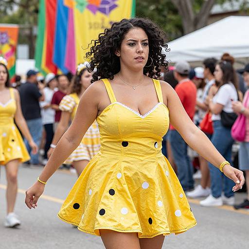 Photograph of a curvy, dark-haired woman with curly hair, wearing a bright yellow, polka-dotted dress, walking confidently in a colorful