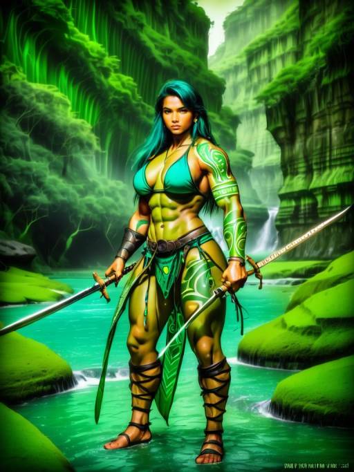 Muscular Woman Warrior with Swords in Lush Canyon