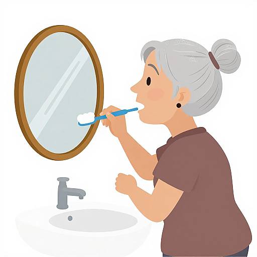 Elderly Woman Brushing Teeth in Bathroom