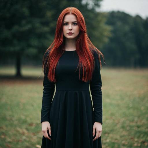 Young Woman in Black Dress with Red Hair Outdoors
