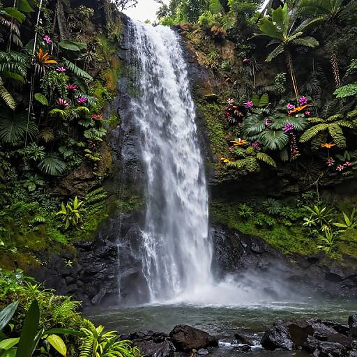 Photograph of a lush, tropical waterfall cascading down a dark, rocky cliff surrounded by vibrant green foliage and colorful flowers.