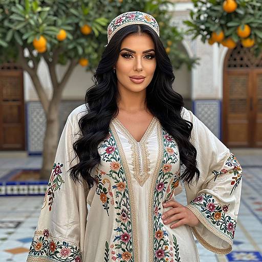 Photorealistic digital image of a beautiful Middle Eastern woman with long, wavy black hair, wearing a floral embroidered white dress and headscarf,