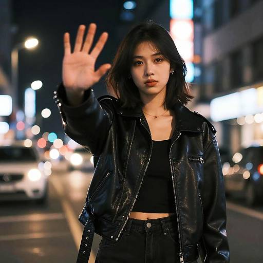 Photograph of an Asian woman with shoulder-length black hair, wearing a black leather jacket and crop top, raising her hand in a stop gesture on a