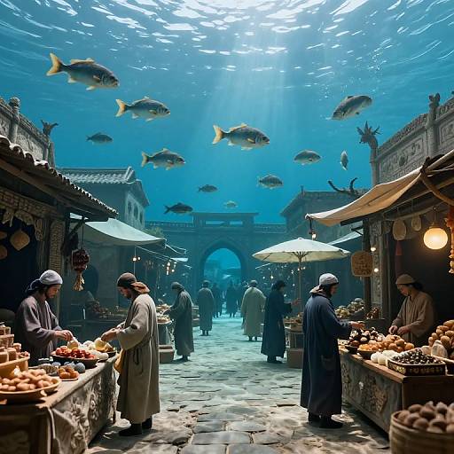 Photograph of a surreal underwater market with blue-tinted light, fish swimming above, vendors in traditional robes, stalls with fruits and vegetables, and