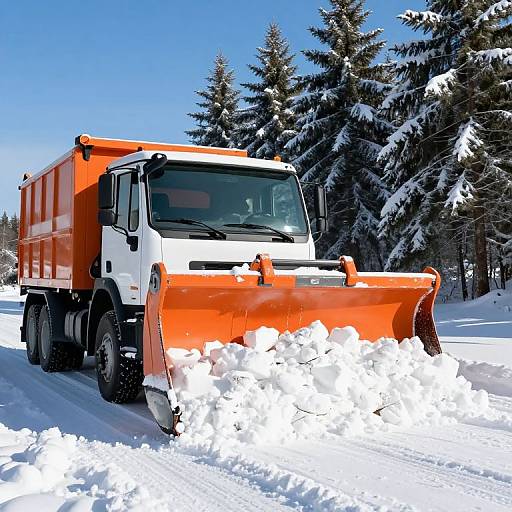 Photograph of an orange and white snowplow truck clearing snow on a snowy road, surrounded by snow-covered evergreen trees under a clear blue sky