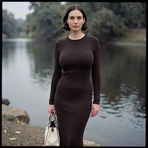 Photograph of a brunette woman with shoulder-length hair, wearing a tight, black, long-sleeve dress, holding a white handbag, standing