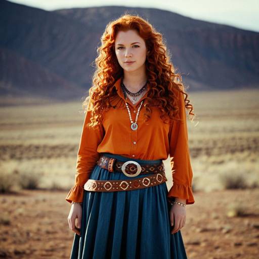 Red-haired Woman in Western Outfit in Desert