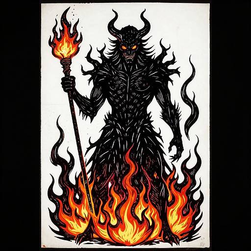 Digital drawing of a black, demonic figure with glowing red eyes, holding a flaming torch, surrounded by fiery flames at its feet.