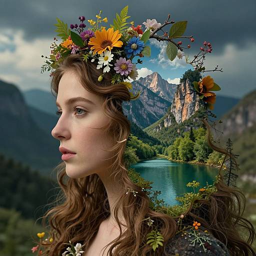 Digital artwork of a fair-skinned woman with wavy brown hair, wearing a colorful floral crown, against a mountain lake landscape.