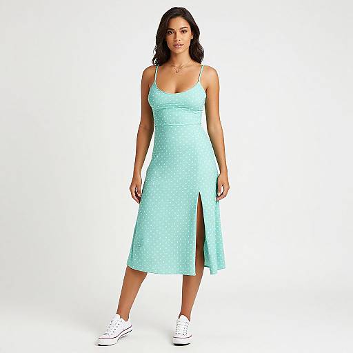 Photograph of a woman with medium brown skin, black wavy hair, wearing a light blue, polka-dotted, knee-length dress with a