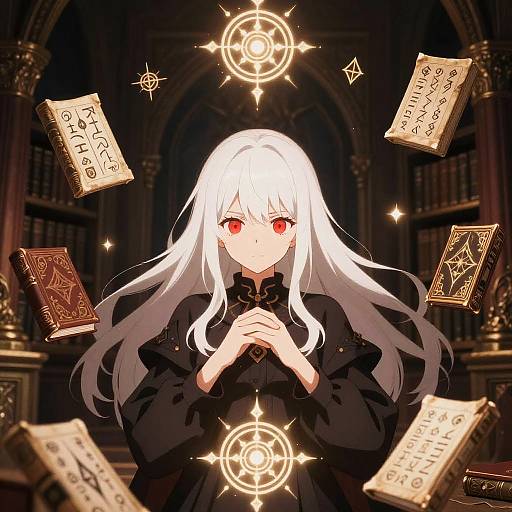 Anime-style digital artwork of a white-haired, red-eyed girl in a black robe, hands clasped, surrounded by floating magical books and glowing runes in