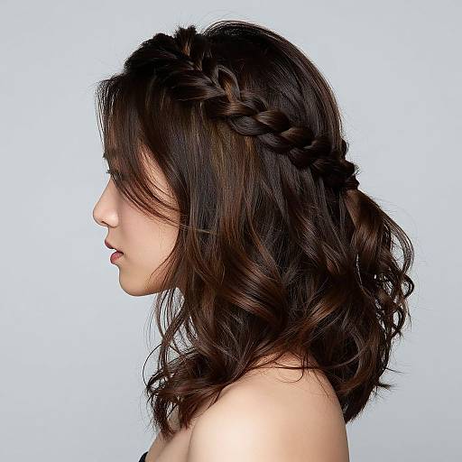 Side profile photograph of an Asian woman with wavy, dark brown hair featuring a braided crown, against a plain white background.