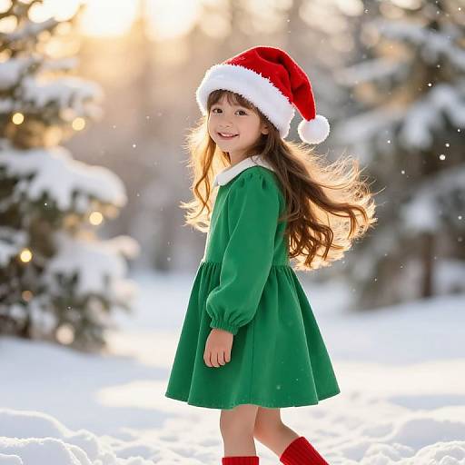Photograph of a smiling young girl with long brown hair, wearing a red Santa hat, green dress, and red socks, walking in a snowy forest