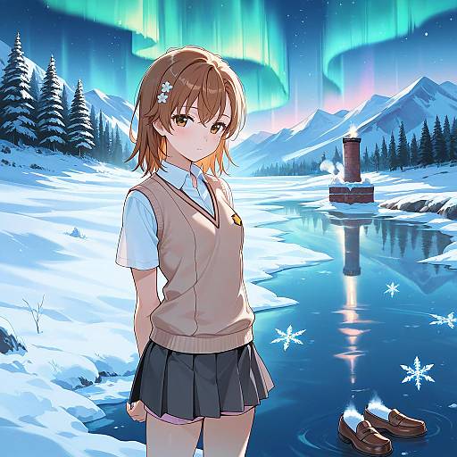 Anime Girl in Winter Landscape with Northern Lights