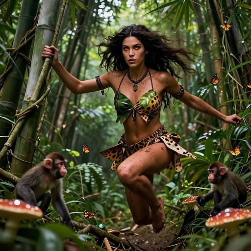Photograph-style digital image of a fierce, dark-haired woman in jungle attire, with leaf bikini and arm bands, leaping through a lush forest,