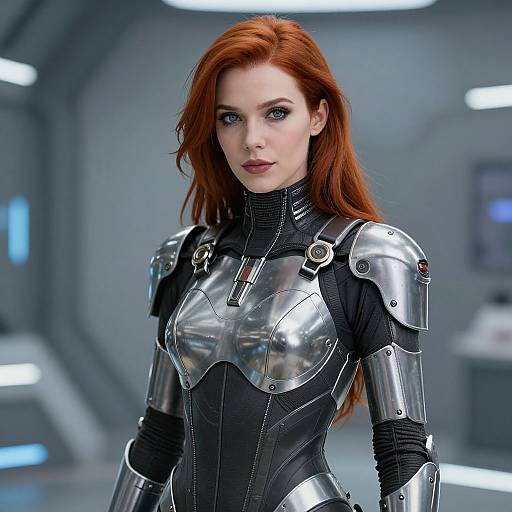 Digital artwork of a red-haired woman in futuristic, silver and black armored suit with blue eyes, standing in a sleek, sci-fi lab.