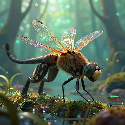 Photorealistic digital art of a shimmering dragonfly with iridescent wings in a sunlit, misty forest, standing on moss-covered ground
