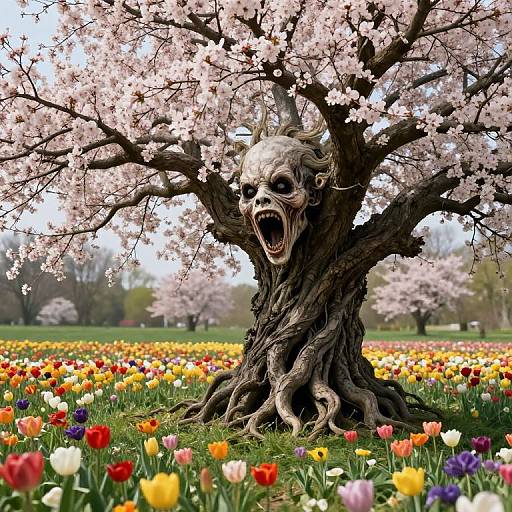 Grotesque Sentient Tree Among Flowers