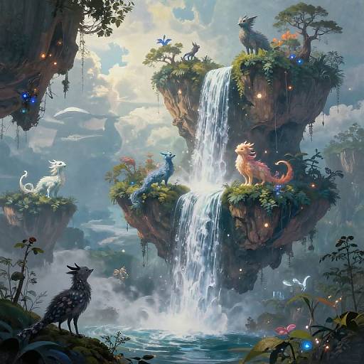 Fantastical digital artwork of floating islands with cascading waterfalls, mythical creatures, and glowing fireflies in a lush, misty forest.