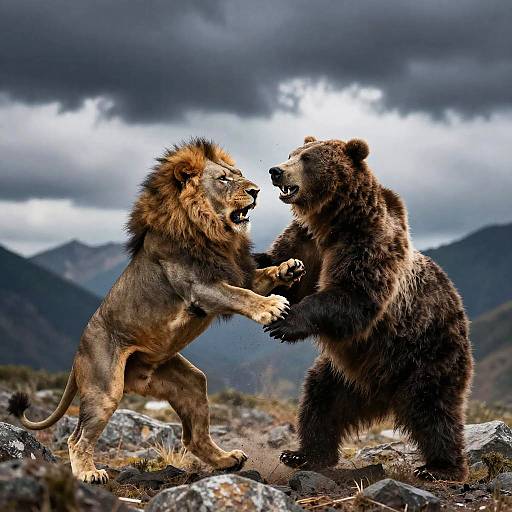 Photograph of a fierce confrontation between a standing lion and a bear in a rocky mountainous landscape under dramatic cloudy skies.