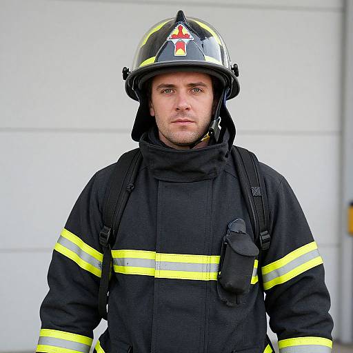 Photograph of a serious male firefighter with light skin, wearing a black protective uniform with yellow stripes, helmet, and white background.