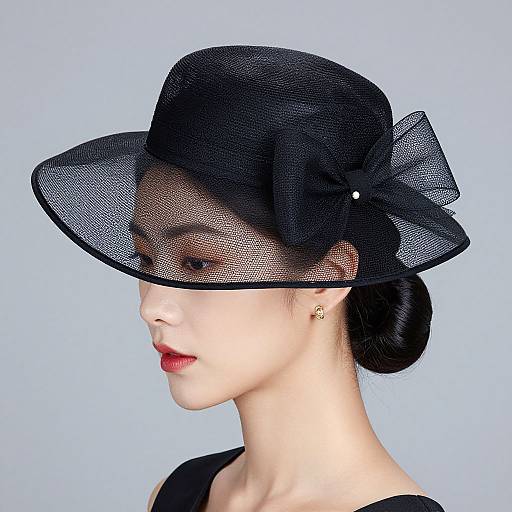 Photograph of a fair-skinned woman with red lips, wearing a black mesh fascinator hat with a large bow, and a black dress, against