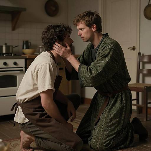 Intense Moment in a Rustic Kitchen