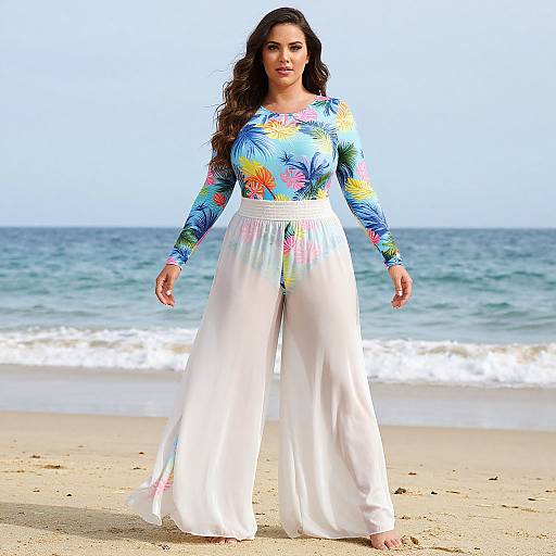 Photograph of a woman with long brown hair, wearing a colorful floral long-sleeve top and white wide-legged pants, standing on a sandy beach