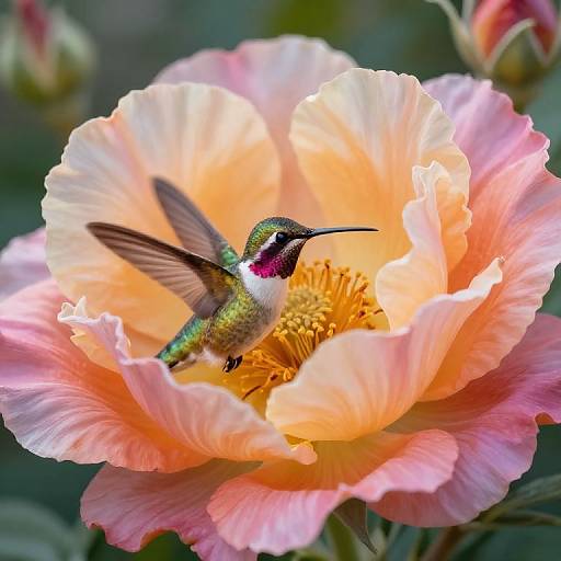 Photograph of a vibrant hummingbird with iridescent green and purple feathers, hovering over a large, blooming pink and orange peony flower,