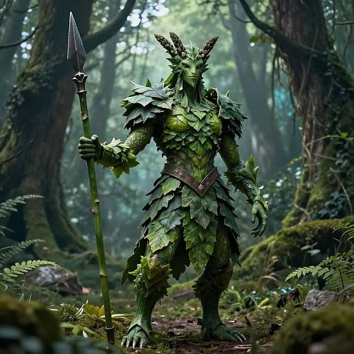 Photorealistic digital art of a green, leaf-covered, horned humanoid warrior with sharp claws, holding a spear, in a dense, misty
