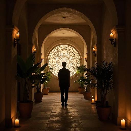 Silhouetted figure stands in dimly lit, arched hallway with ornate stained-glass window, flanked by potted plants and lit