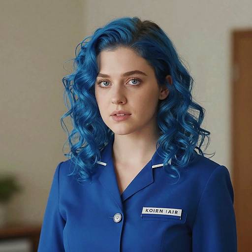 Photograph of a young woman with vibrant blue curly hair, wearing a navy blue uniform with 