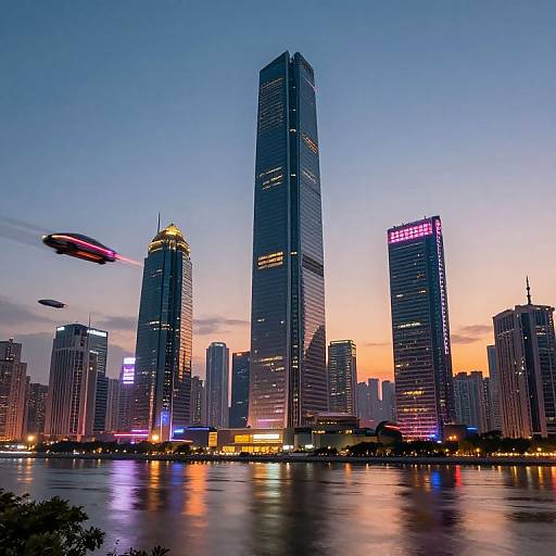 Photograph of a modern city skyline at dusk, featuring illuminated skyscrapers, a tall central building, and two flying cars with neon lights reflecting on